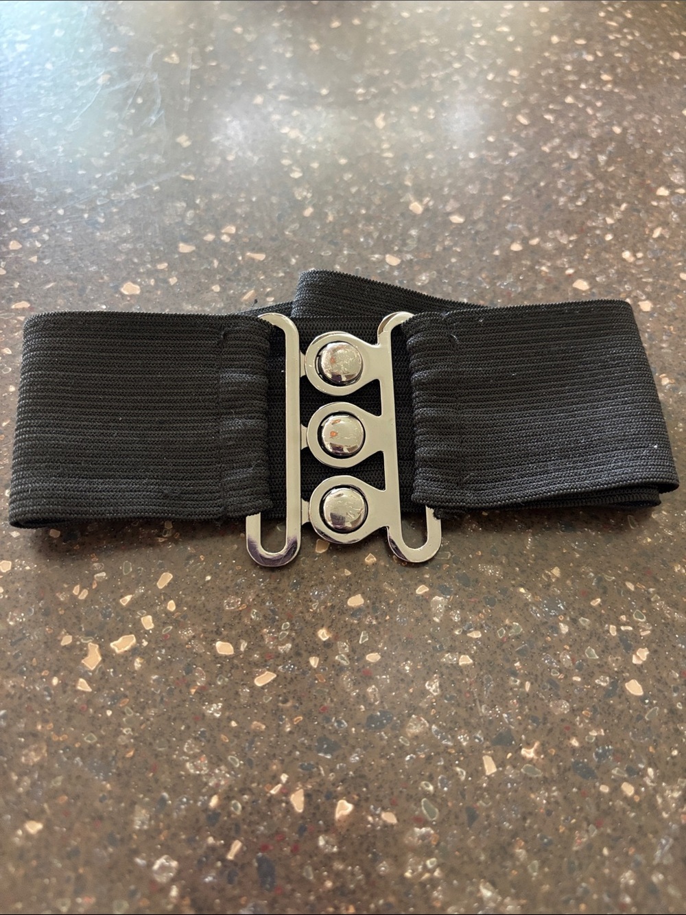 Black Elastic Belt with Pewter Triple-Button Hardware